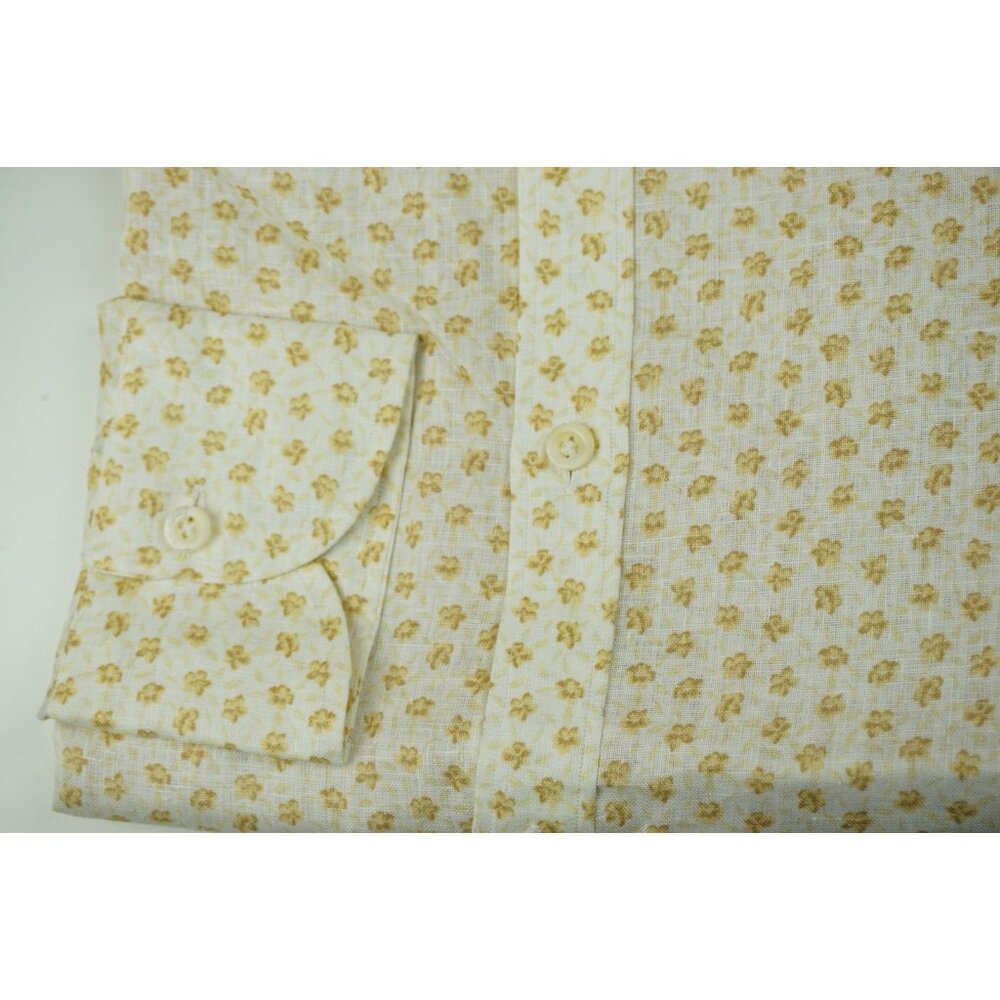 Isaia Napoli White Yellow Floral Long Sleeve Linen Dress Shirt 15.5/39 NEW - Picture 2 of 6